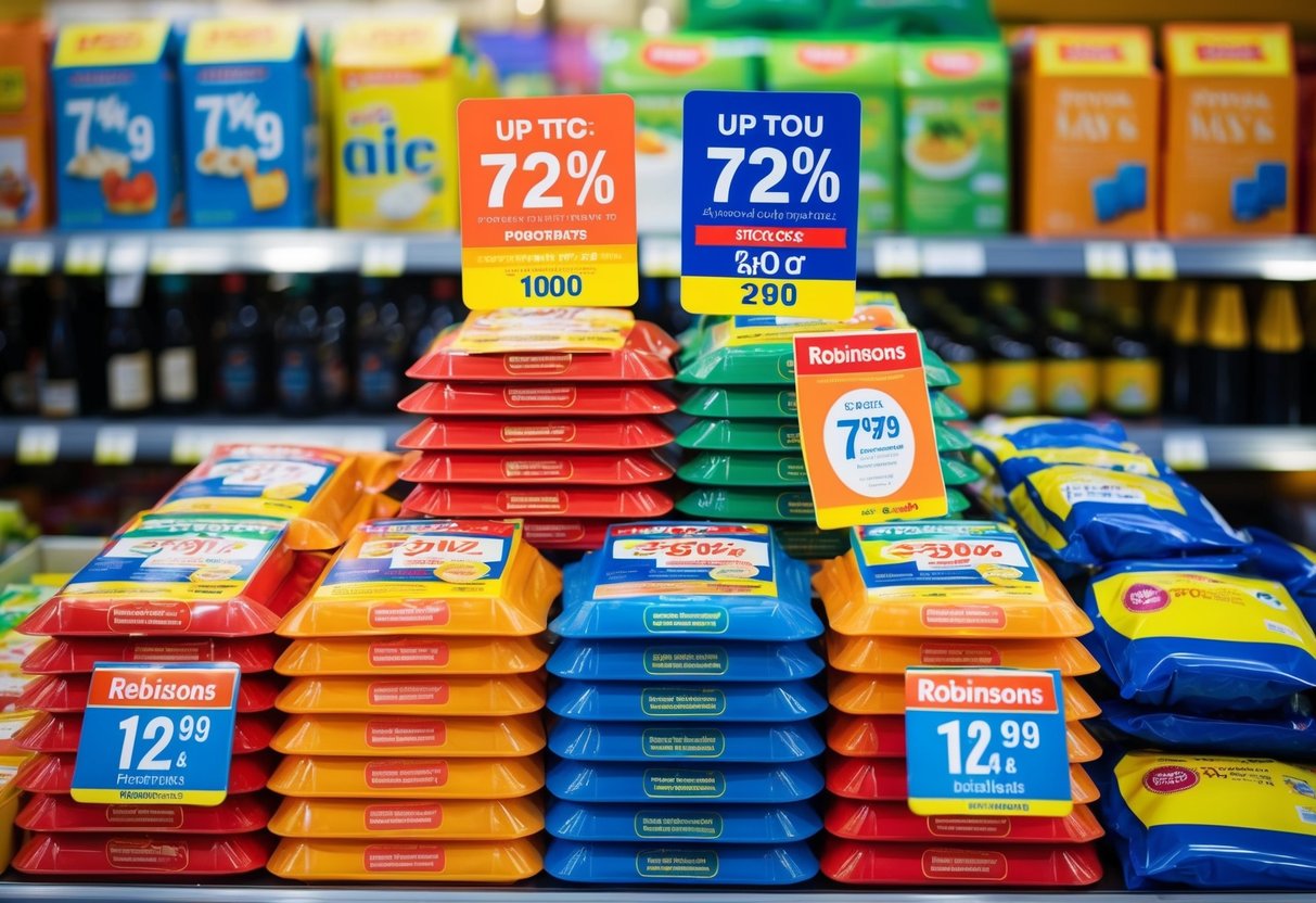 A colorful display of products with price tags showing discounts up to 72%. Products are neatly stacked and arranged, showcasing Robinsons Special Buys promotions