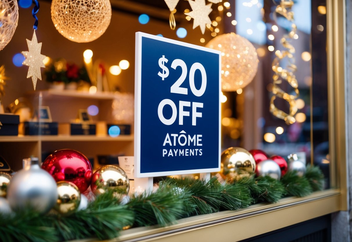 A festive storefront display with a prominent "$20 Off" sign and Atome Payments logo, surrounded by celebratory decorations