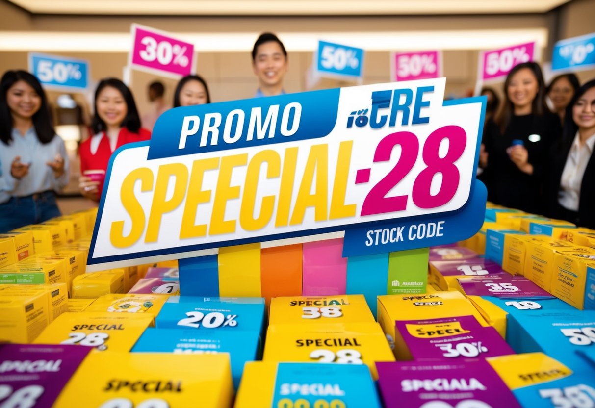 A colorful display of products with the 'SPECIAL28' Promo Code prominently featured, surrounded by discount signs and happy customers