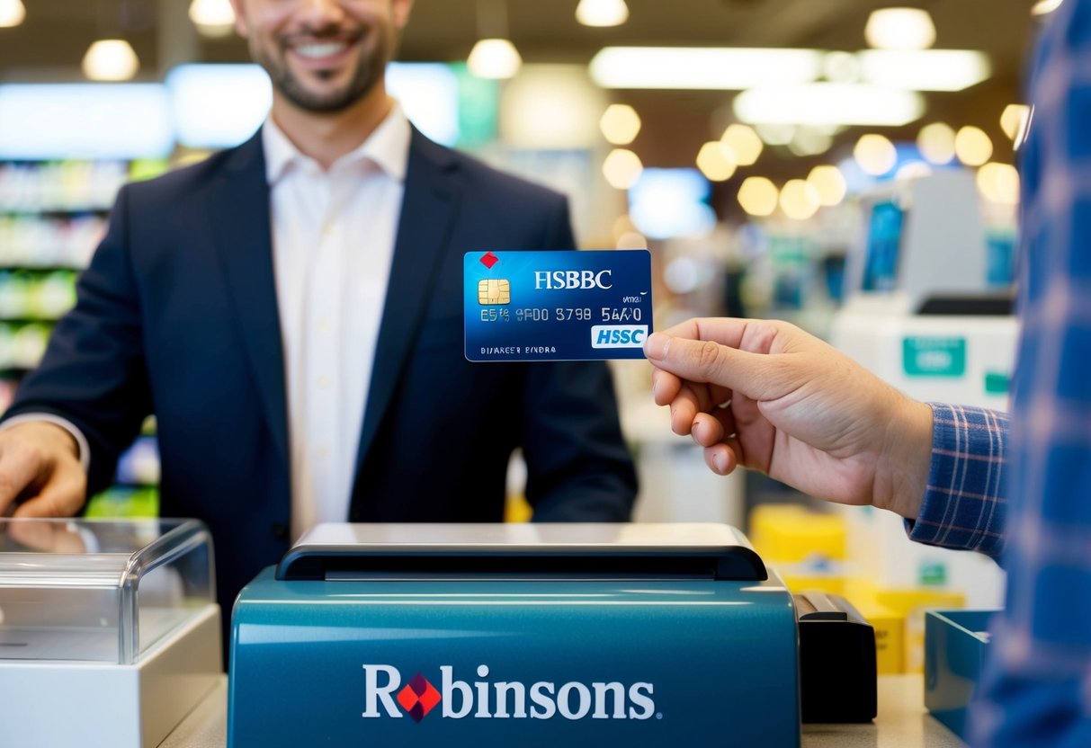 A customer presenting an HSBC card at the checkout counter, receiving a discount on their purchase at Robinsons