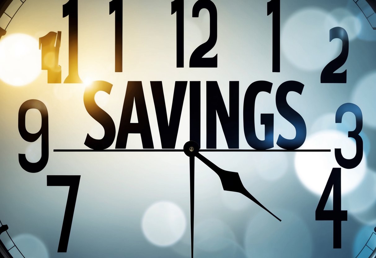 A clock with the numbers counting down from 10 to 1, with the word "SAVINGS" written in bold letters