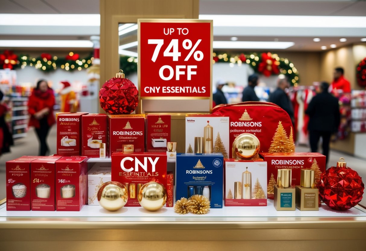 A festive display of discounted items at Robinsons, with red and gold decorations, showcasing up to 74% off CNY essentials