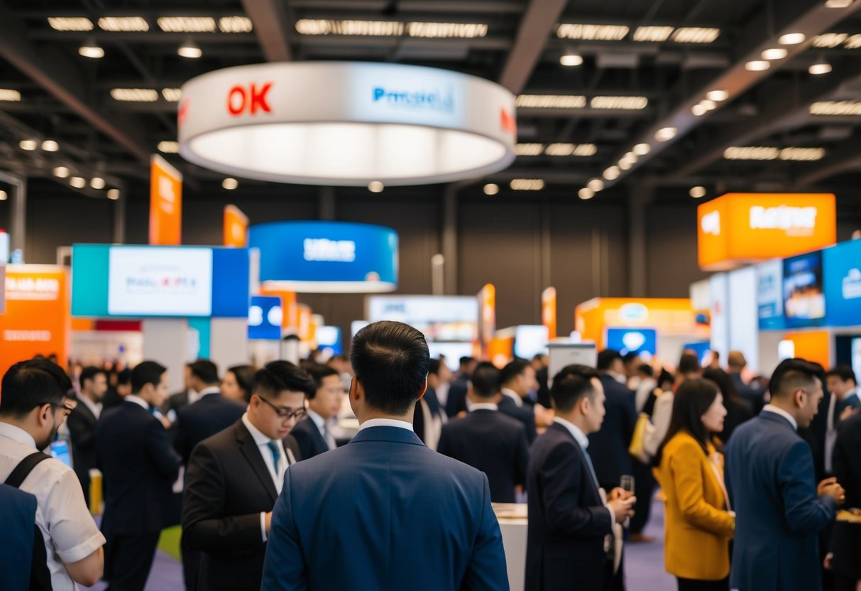 A busy promotional event with branded booths and interactive displays