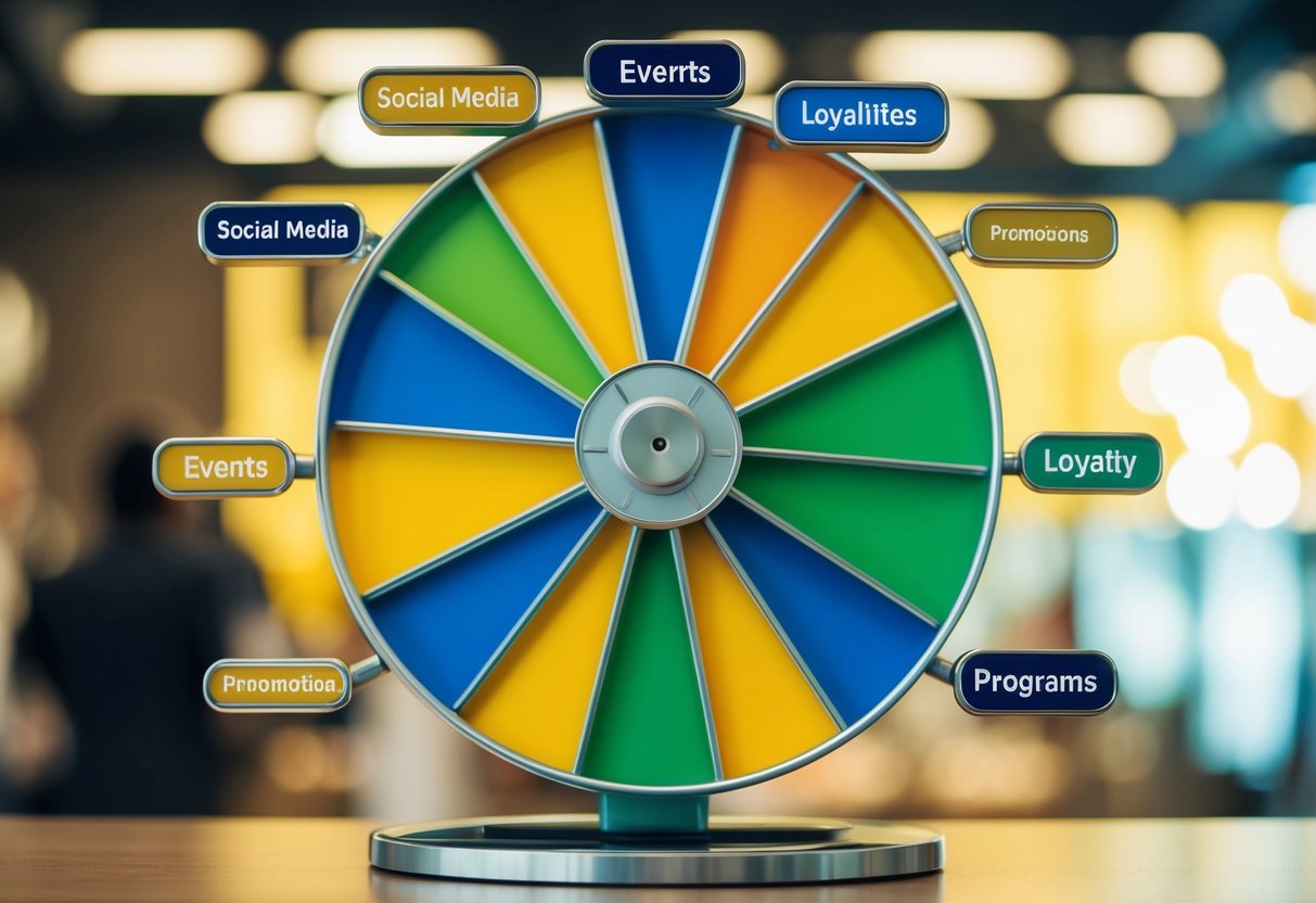 A colorful wheel spinning with various promotional tactics branching out from the center, including social media, events, and loyalty programs