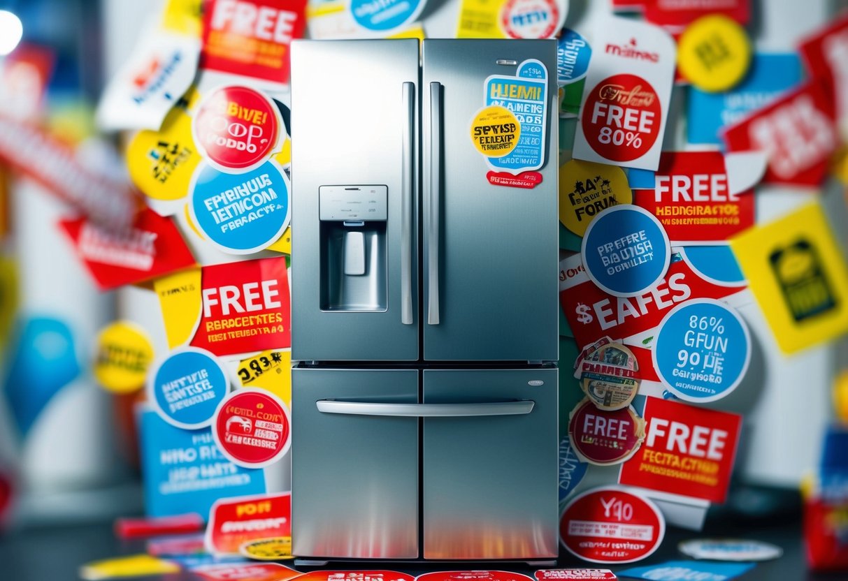 A refrigerator surrounded by colorful promotional stickers and banners