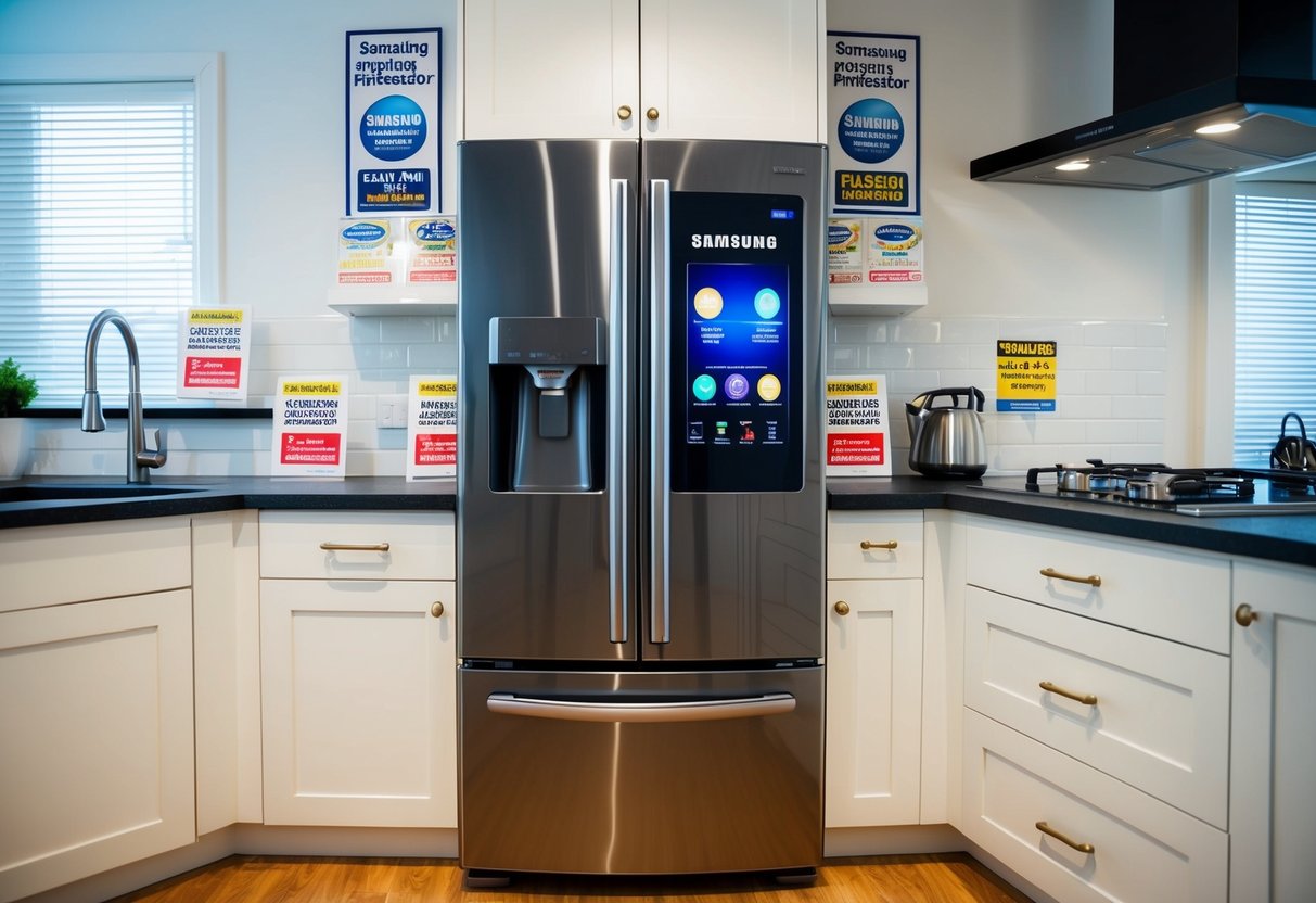 A brightly lit kitchen with a sleek Samsung Multi Door Refrigerator prominently displayed, surrounded by promotional signs and stickers