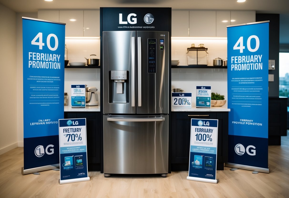 A modern kitchen with a sleek LG fridge prominently displayed, surrounded by promotional signage and materials for the February promotion