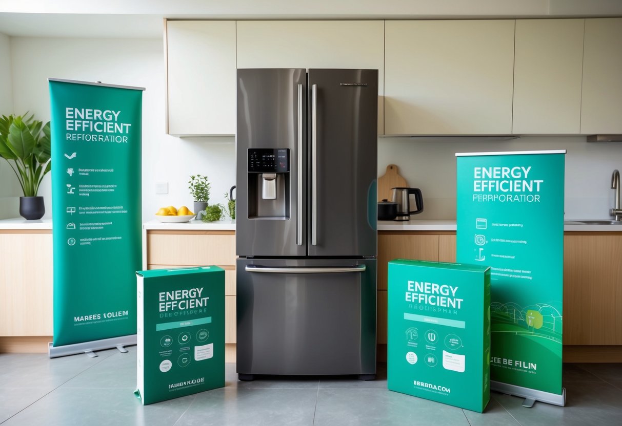 A modern kitchen with a sleek, energy-efficient refrigerator prominently displayed, surrounded by eco-friendly promotional materials