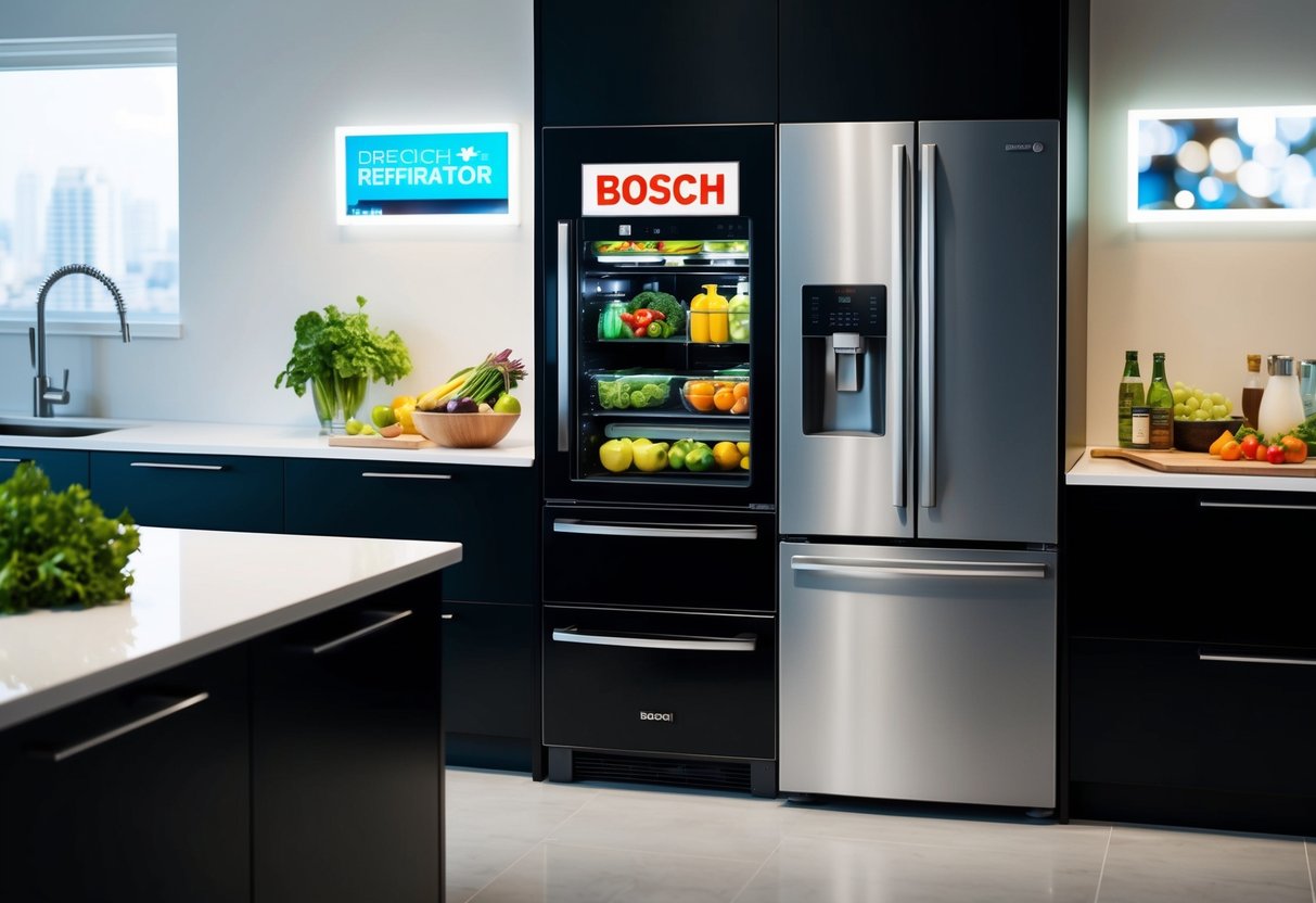 A modern kitchen with a sleek Bosch refrigerator filled with fresh produce and beverages. Bright promotional signage adorns the appliance