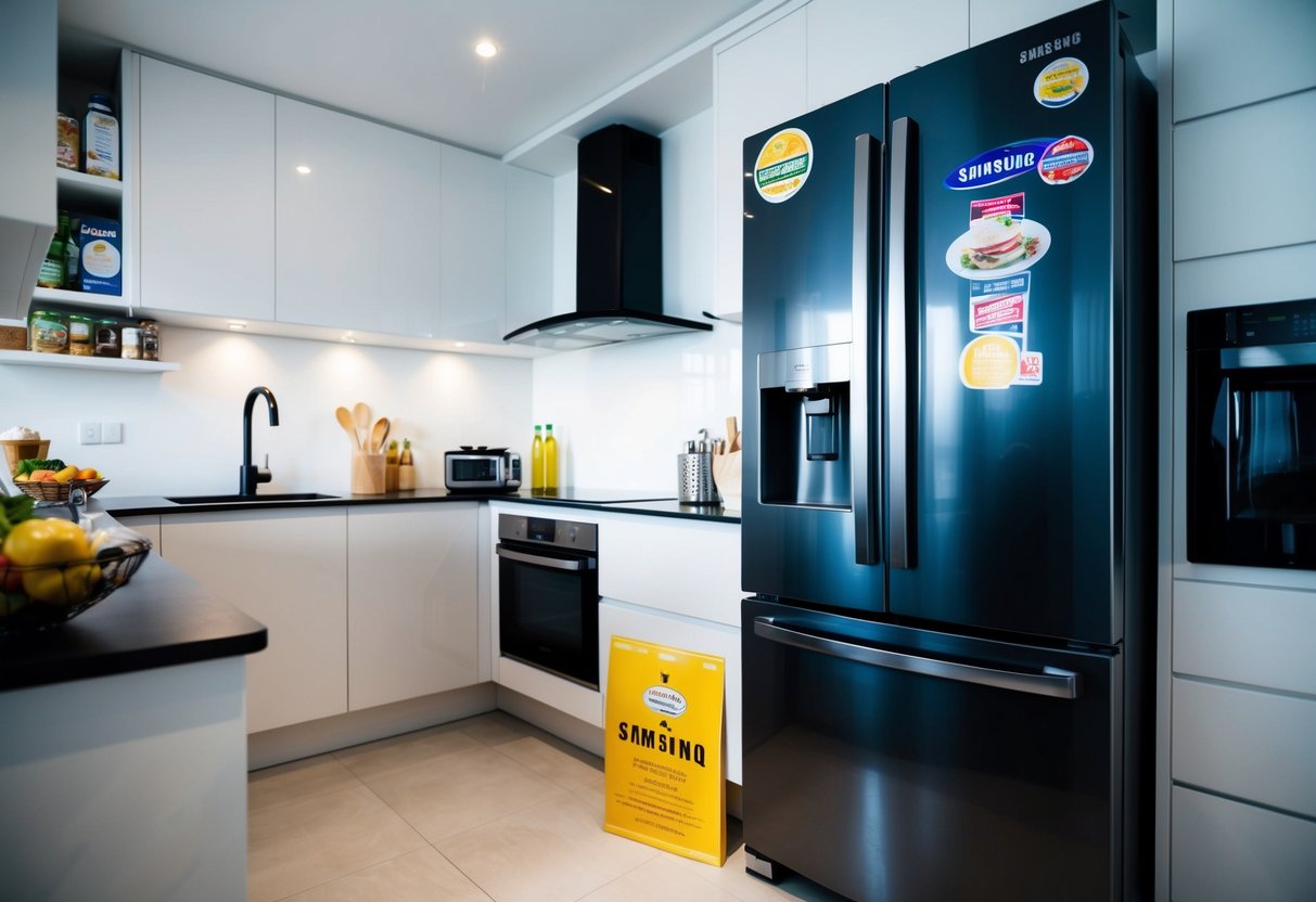 A sleek Samsung fridge sits in a modern kitchen, surrounded by various food items and adorned with promotional stickers