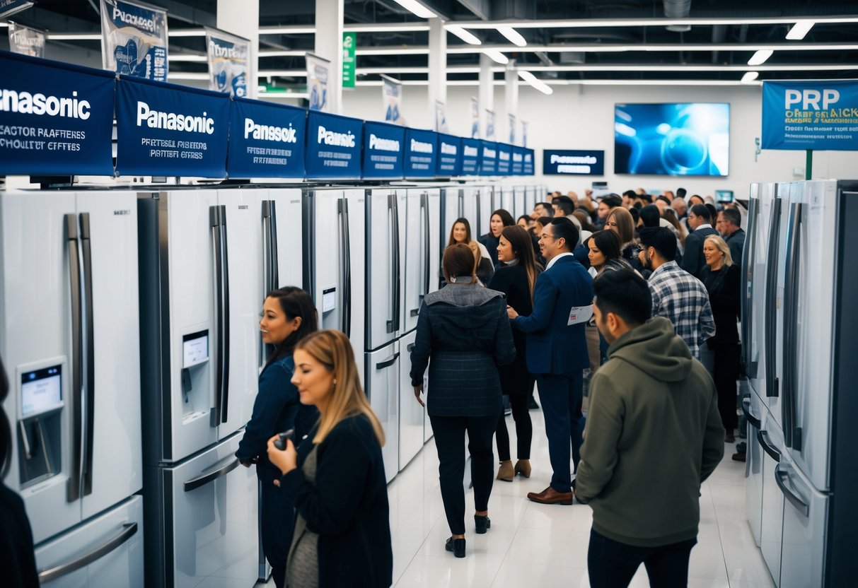 A crowded showroom with rows of shiny Panasonic fridges, adorned with promotional banners and surrounded by eager customers
