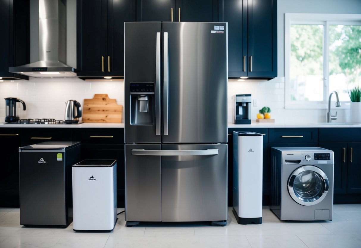 A kitchen with a sleek Mitsubishi refrigerator prominently displayed, surrounded by various energy-efficient models on offer