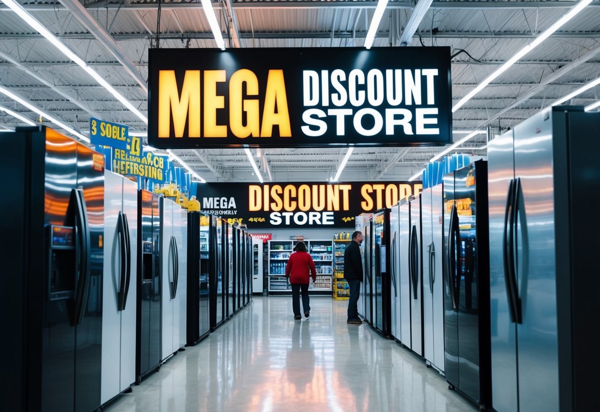 A crowded store with bright "Mega Discount Store" signage, flashing lights, and rows of refrigerators on sale