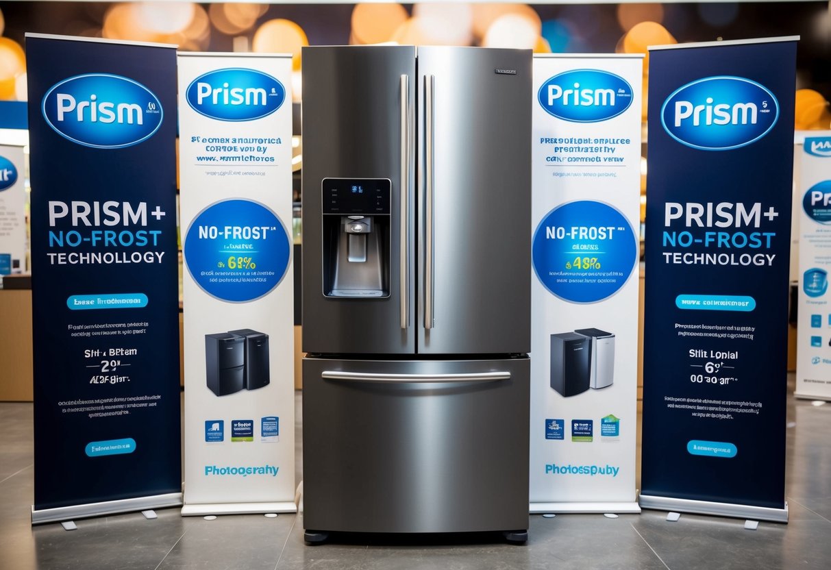 A sleek refrigerator with PRISM+ No-Frost Technology on sale, surrounded by promotional signs and banners