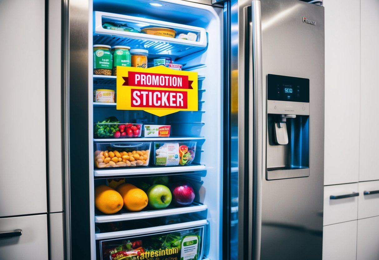 A refrigerator with a bright, eye-catching promotion sticker on the door. The interior is filled with neatly organized food items