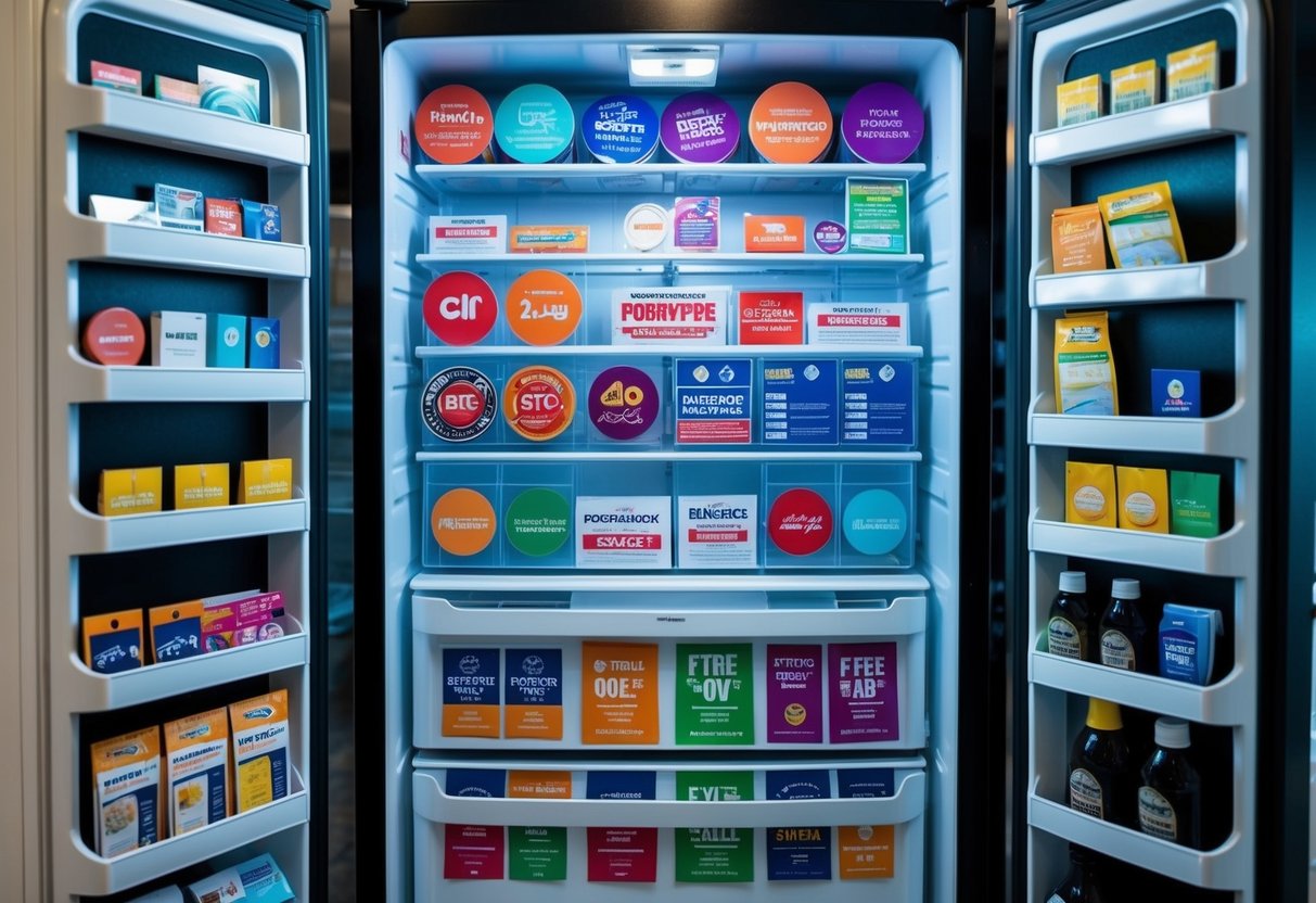 A refrigerator filled with various promotional items such as stickers, magnets, and coupons displayed in an organized and eye-catching manner