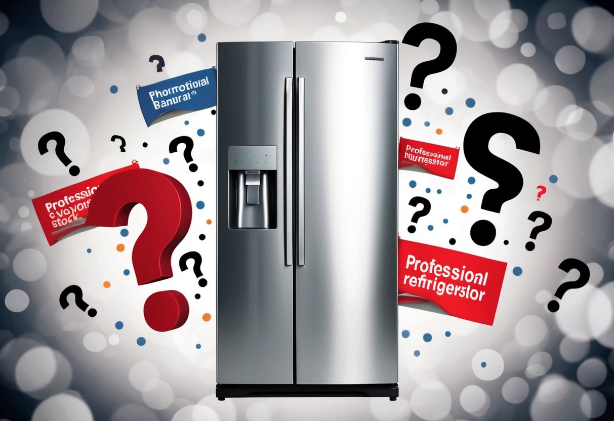 A refrigerator surrounded by question marks and promotional banners