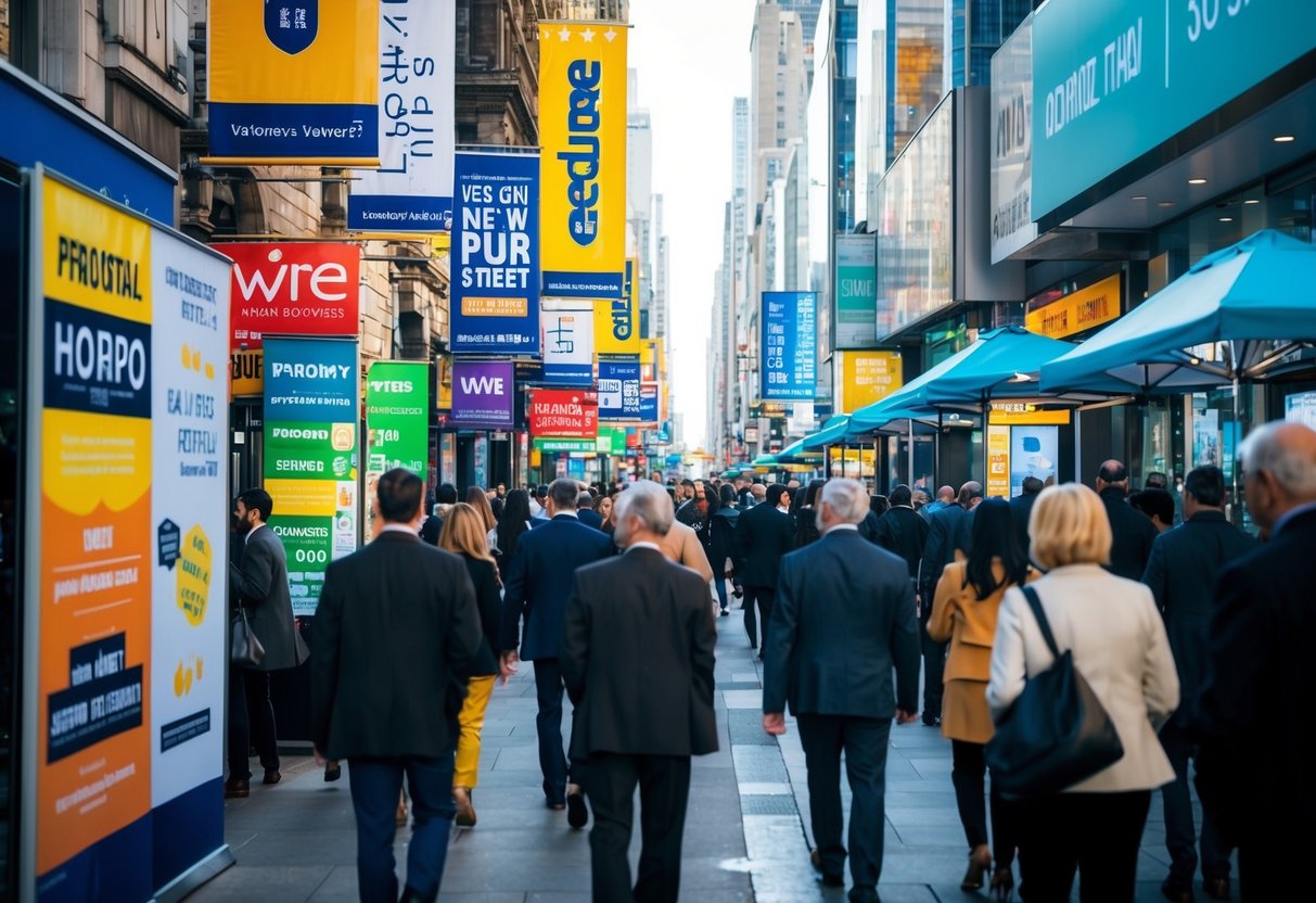 A busy city street filled with colorful promotional banners and signs. People walk past, glancing at the various advertisements