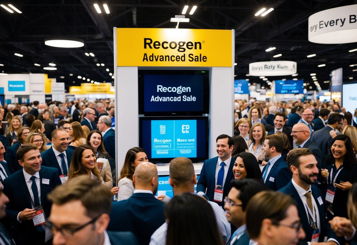 A bustling event with a prominent 'Recogen Advanced Sale' booth, surrounded by excited attendees and promotional materials at 'Every Body Knows'