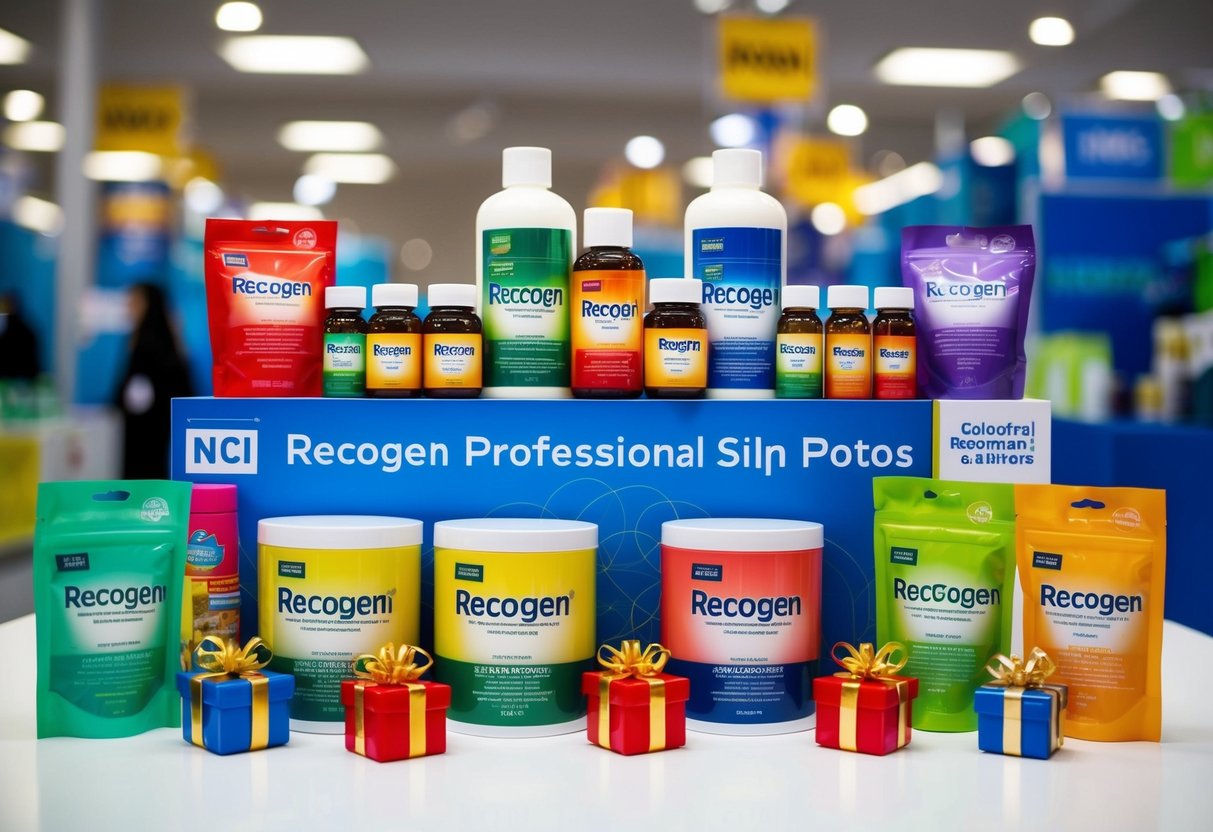 A colorful display of Recogen products surrounded by various free gifts at NCI
