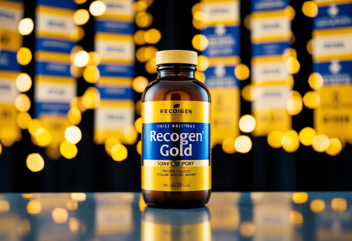 A vibrant, golden bottle of Recogen Gold stands against a backdrop of cascading joint support symbols and promotional banners