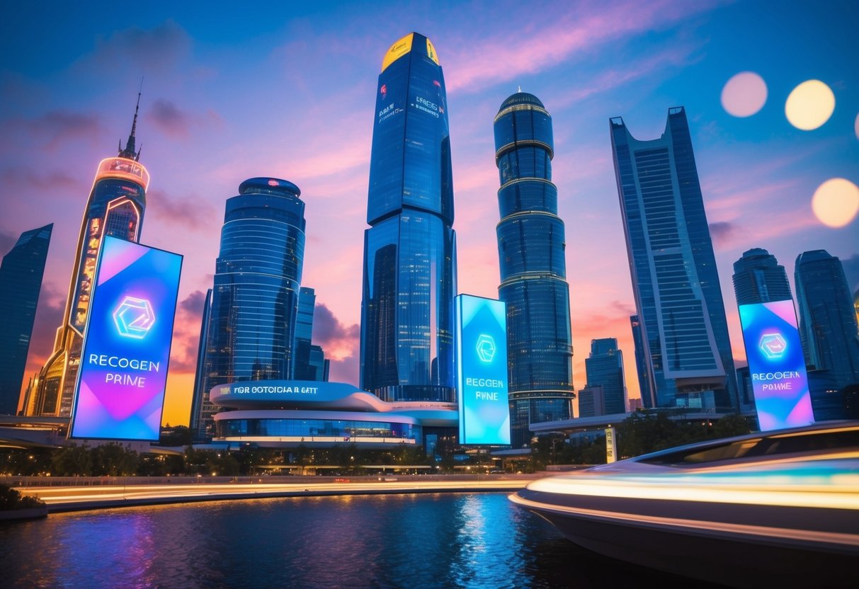 A vibrant, futuristic cityscape with towering buildings and holographic billboards showcasing the Recogen Prime product