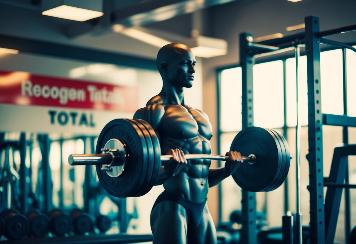 A figure lifting weights with ease, muscles defined, in a gym setting with Recogen Total prominently displayed