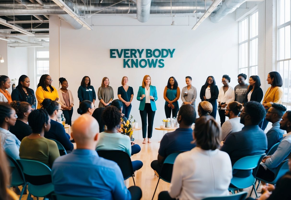 A group of diverse people gather in a bright, open space at 'Every Body Knows' for a wellness talk. A speaker stands at the front, engaging with the audience