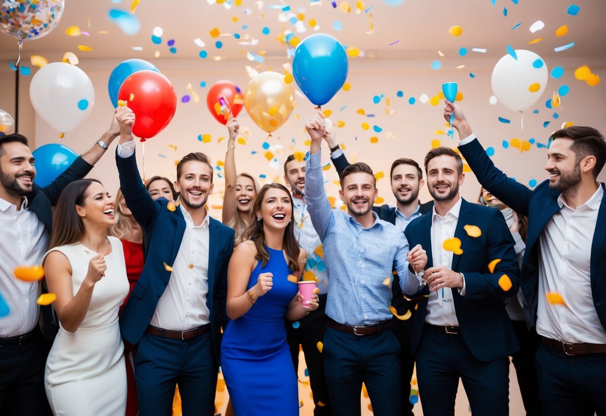 A group of people celebrating with confetti and balloons at a promotional event