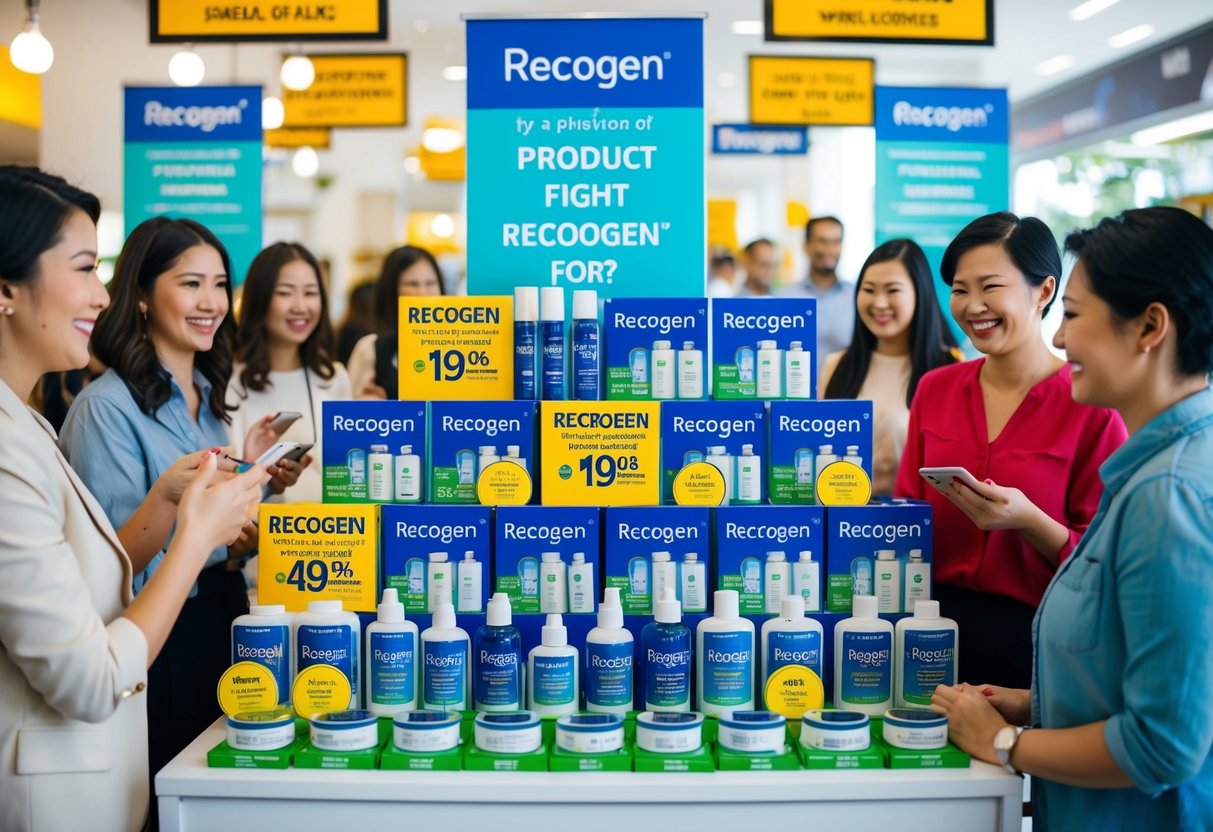 A vibrant display of Recogen products with eye-catching promotional signs and banners, surrounded by happy customers taking advantage of the special offers