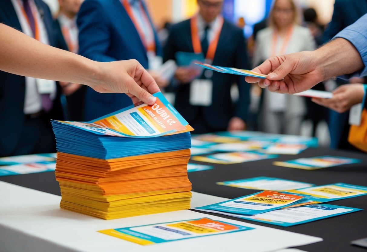 A stack of colorful promotional flyers being distributed and picked up at a busy event