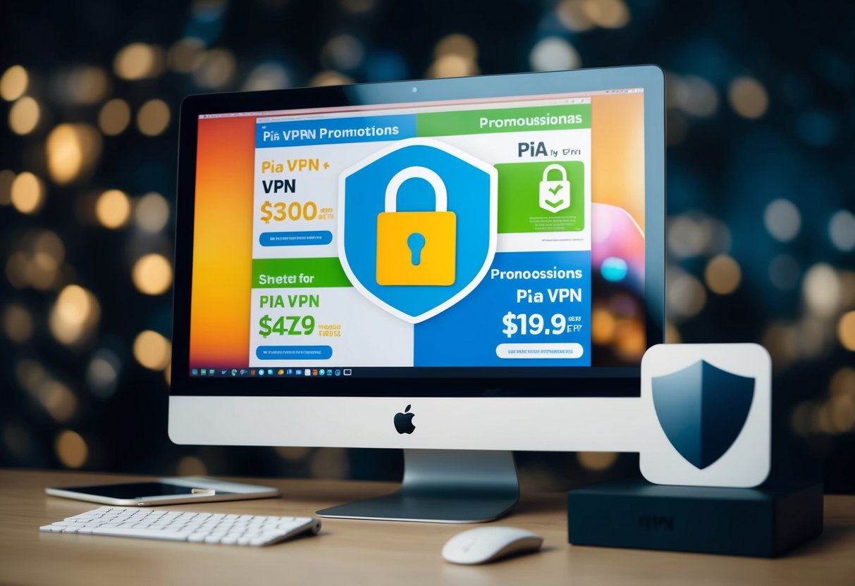 A computer screen displaying various PIA VPN promotions with a lock icon and shield symbol in the background