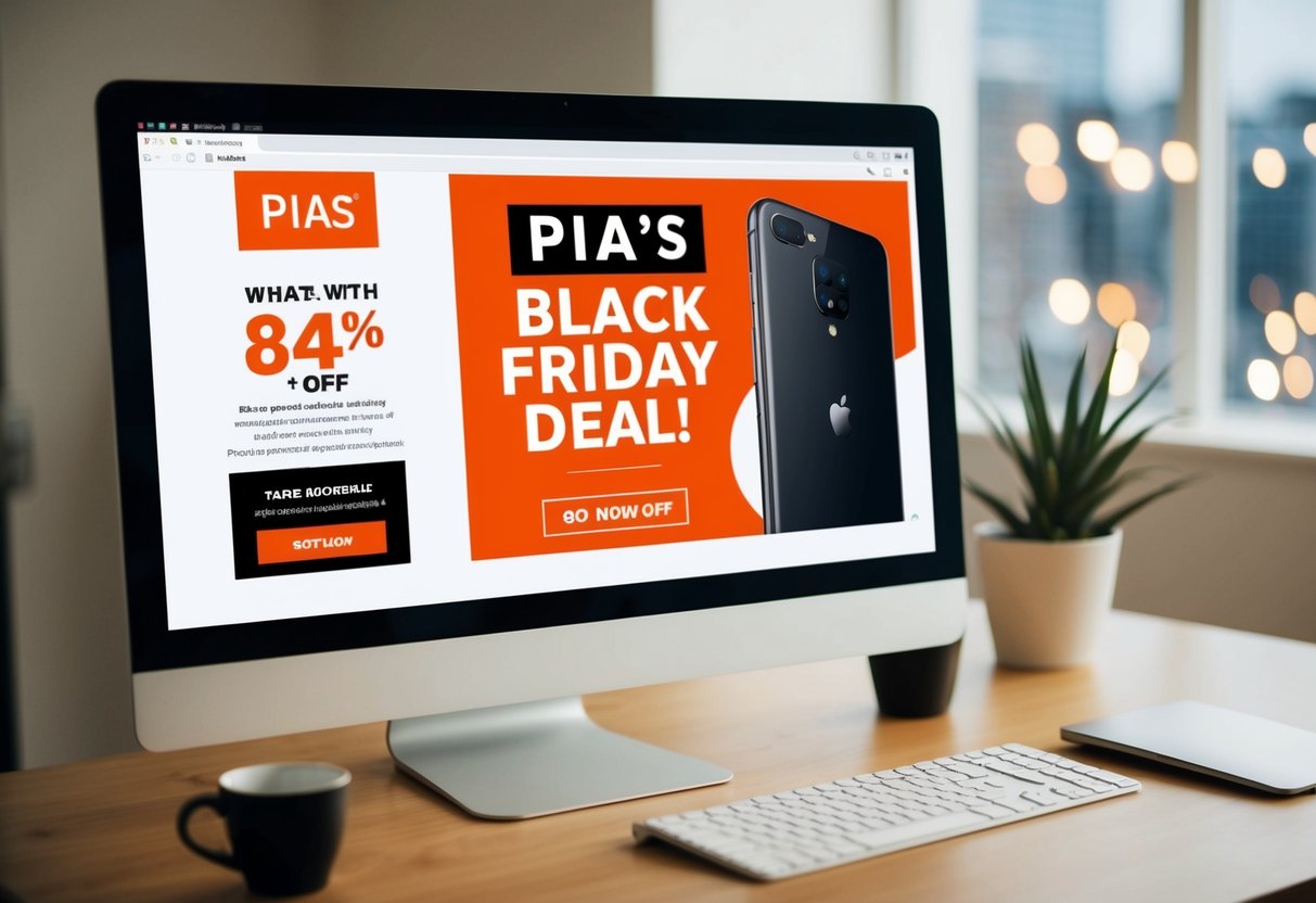 A computer screen displaying PIA's Black Friday Deal with a prominent 84% off promotion