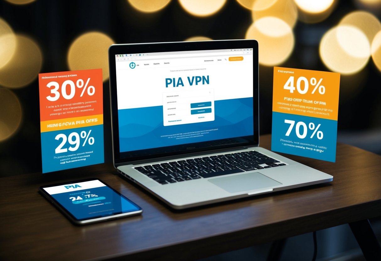 A laptop with PIA VPN website displayed, surrounded by discount percentages and promotional offer details