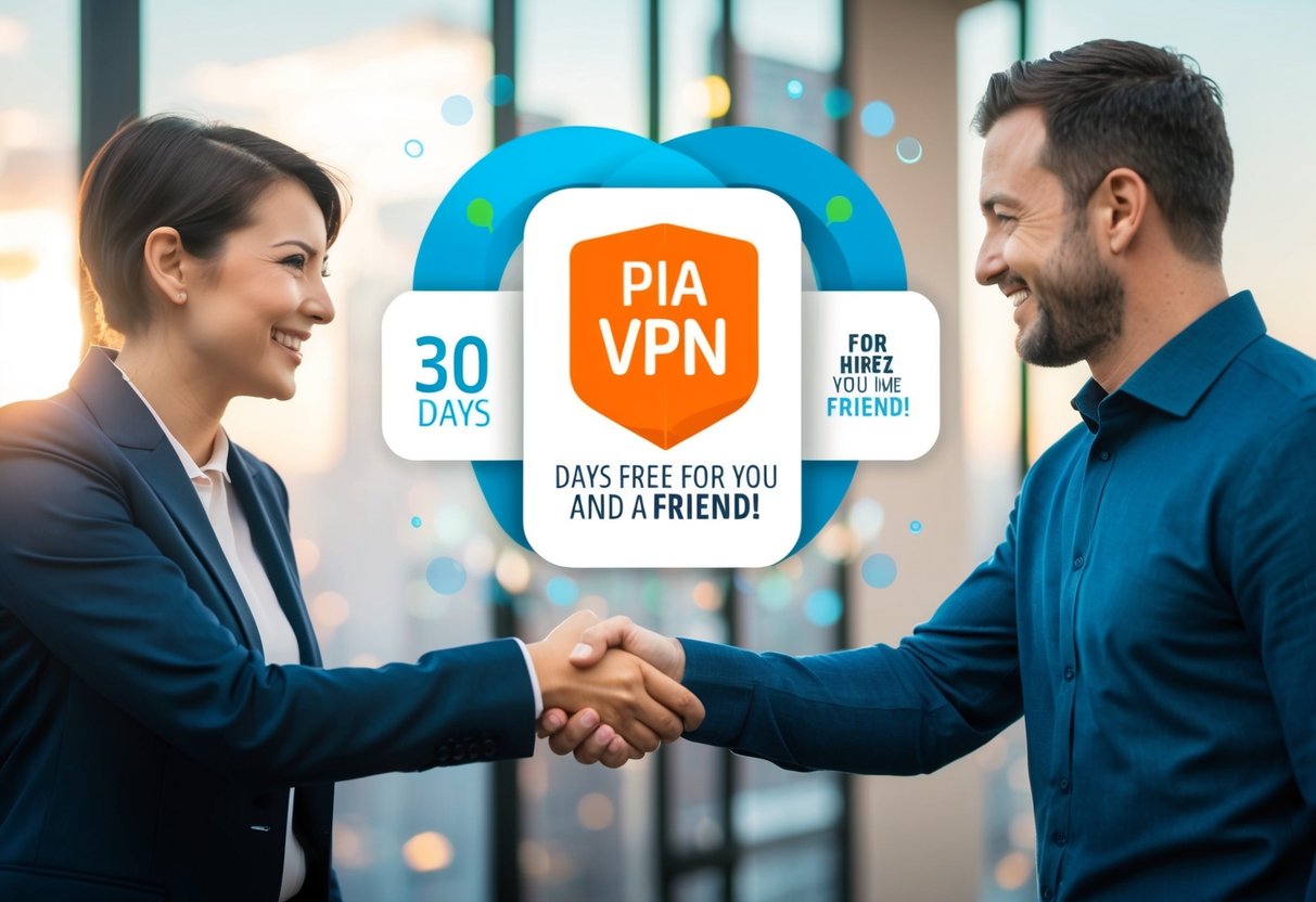 Two people shaking hands, surrounded by a digital interface with the PIA VPN logo and the words "30 days free for you and a friend!"
