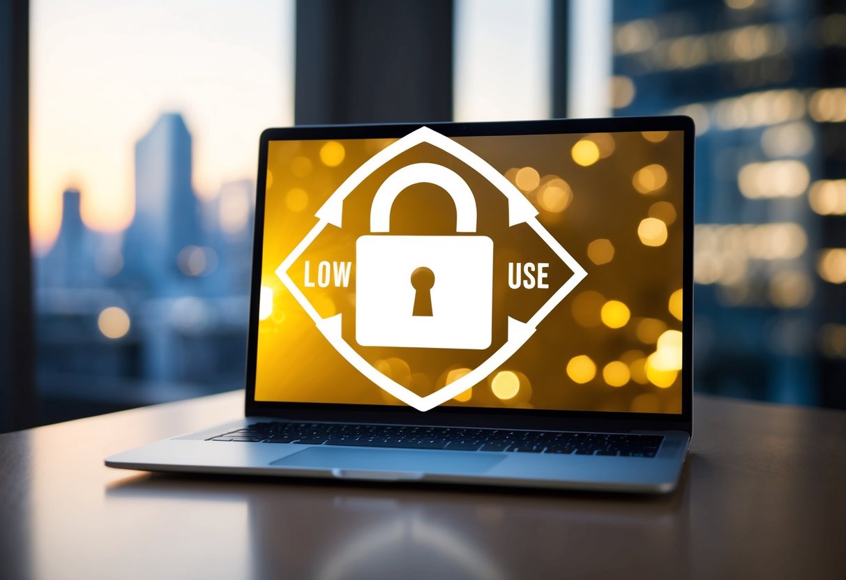 A laptop with a secure lock icon, surrounded by a shield, and a low price tag