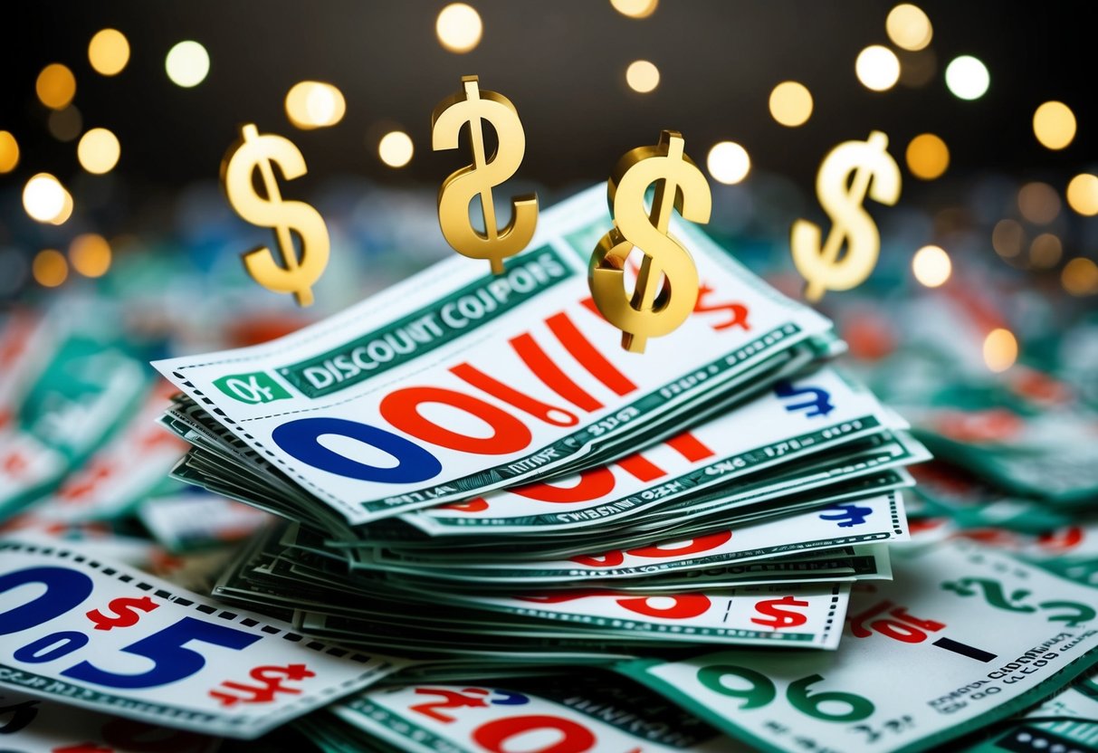 A stack of oversized discount coupons surrounded by swirling dollar signs