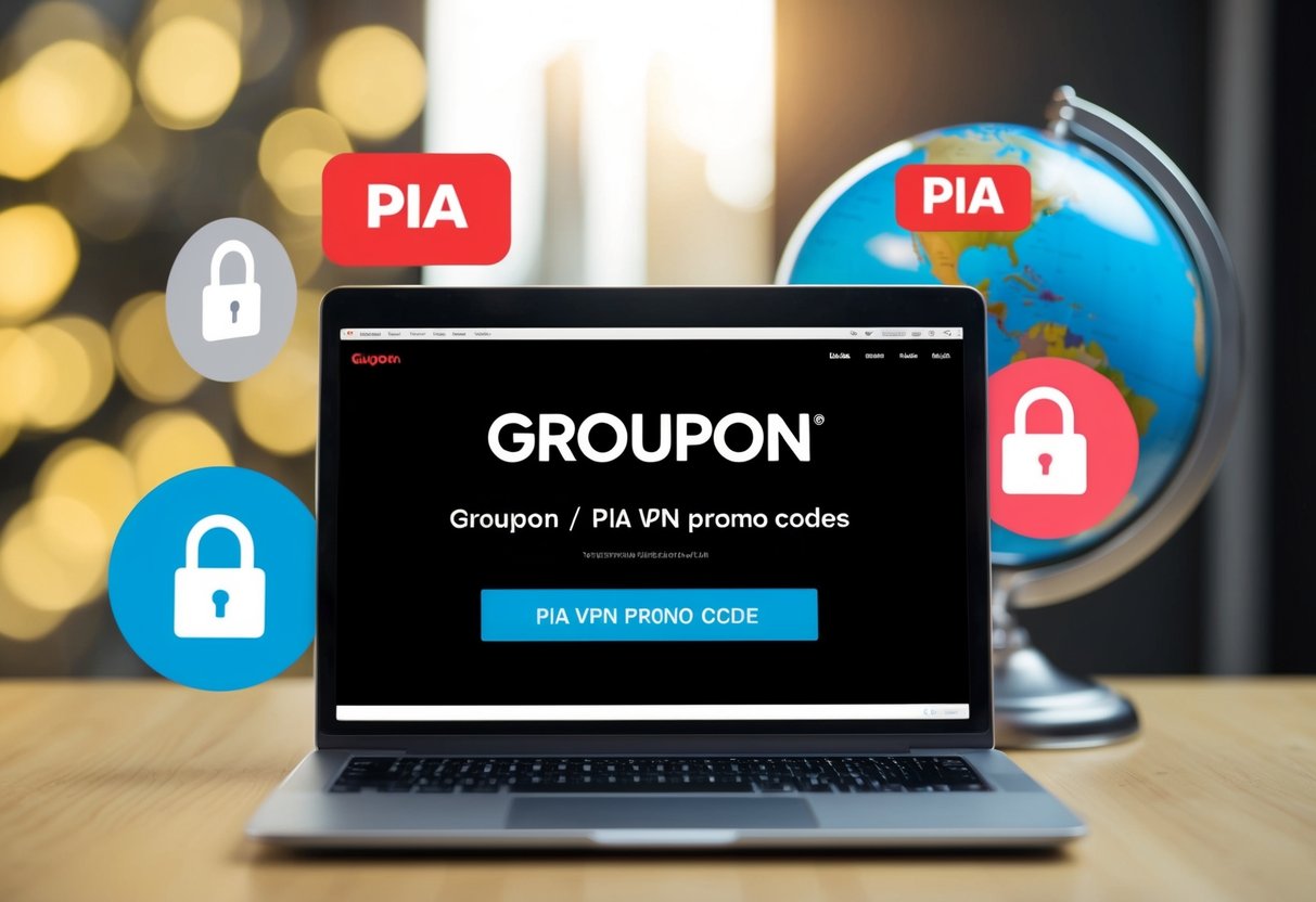 A laptop displaying Groupon website with PIA VPN promo codes, surrounded by virtual lock icons and a globe in the background