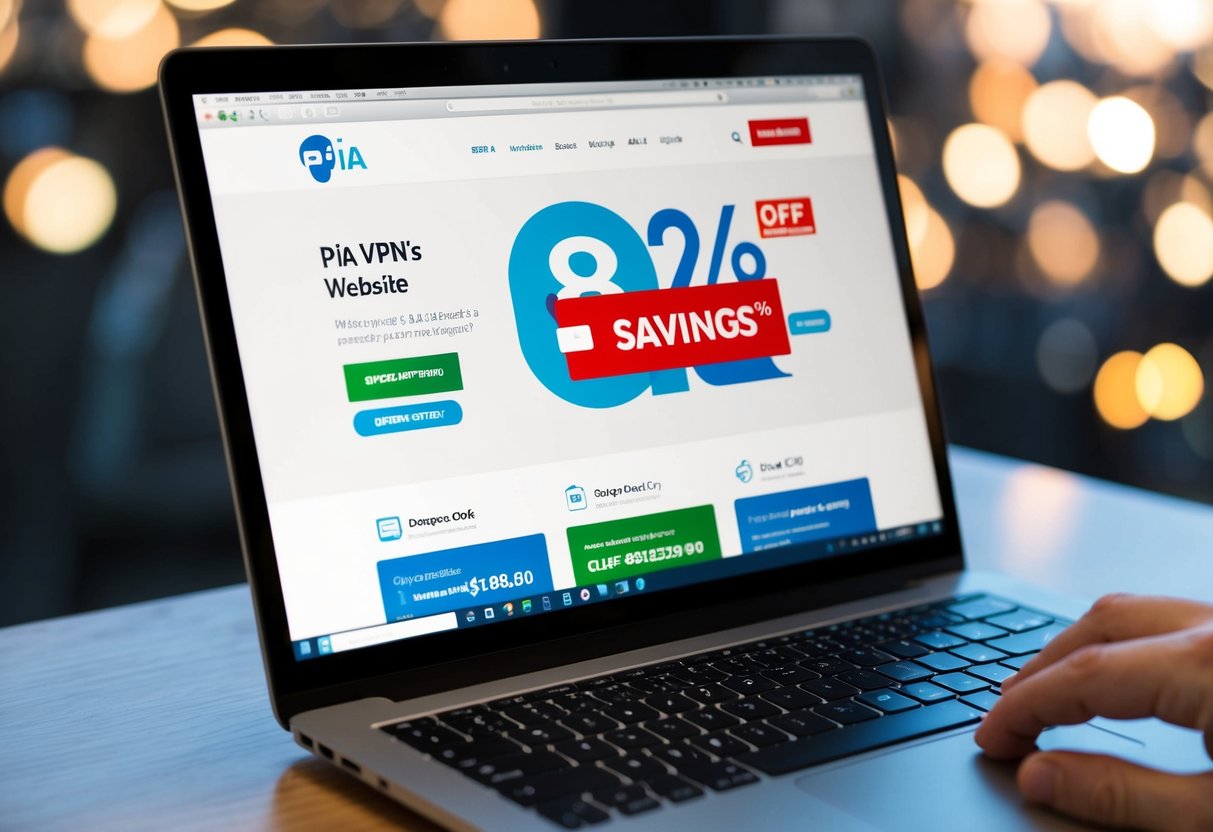 A laptop screen displaying PIA VPN's website with a prominent "82% savings" offer and coupon codes