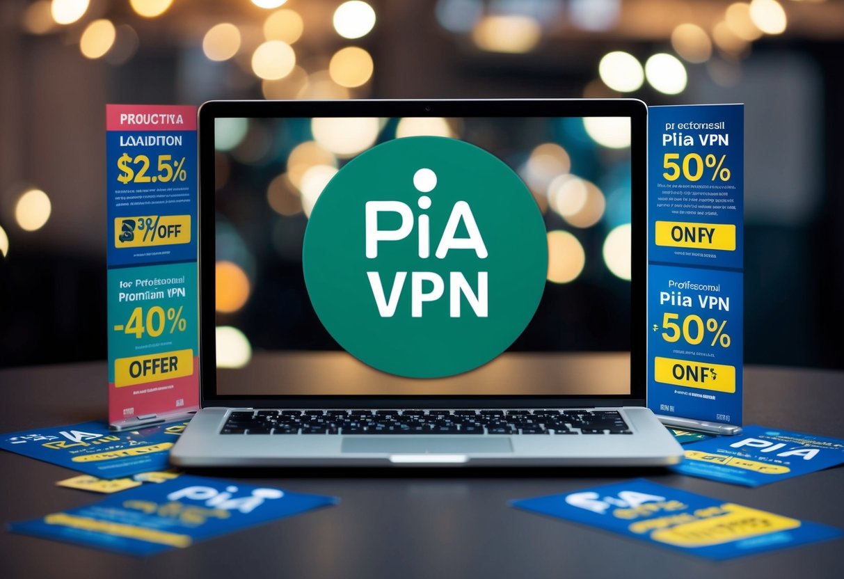 A laptop with PIA VPN logo surrounded by promotional banners and discount offers
