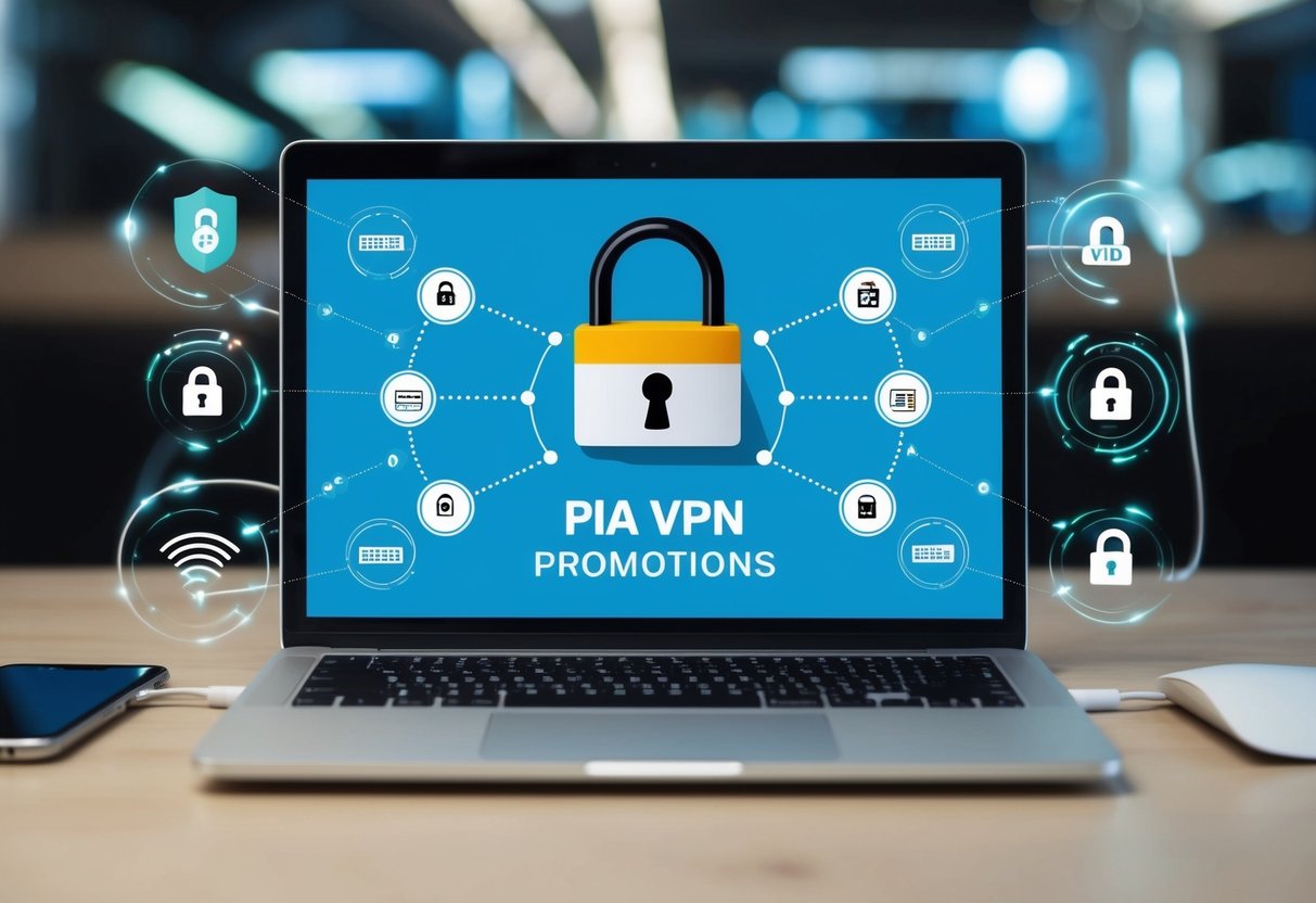 A laptop displaying PIA VPN promotions with a padlock symbol, surrounded by secure and encrypted data connections