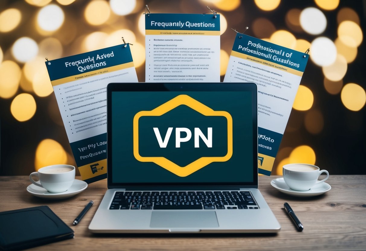 A laptop with a VPN logo surrounded by promotional banners and a list of frequently asked questions