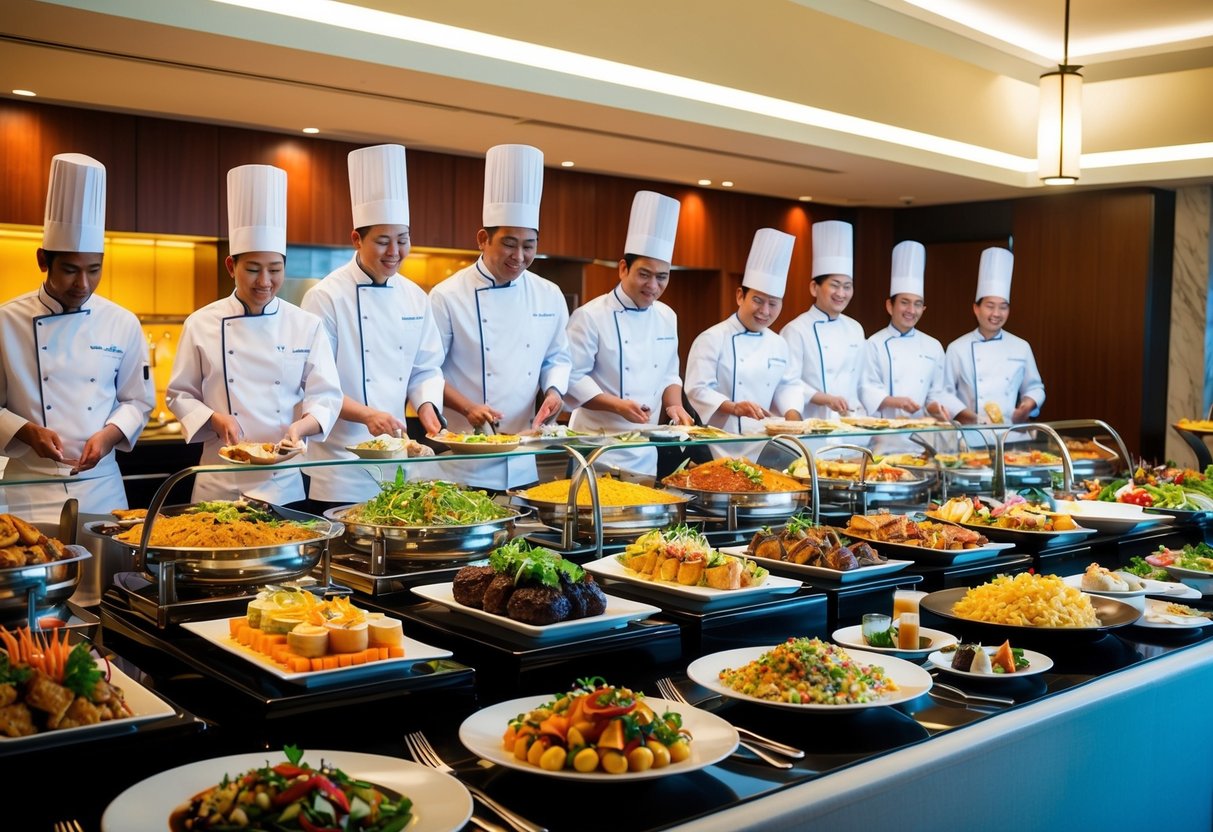 A vibrant array of international cuisine on display at a bustling Pan Pacific hotel buffet in Singapore, with chefs showcasing their culinary creations
