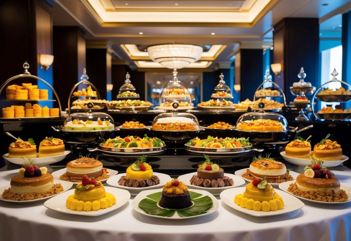 The grand buffet at Pan Pacific exudes opulence and abundance, with a colorful array of gourmet dishes and decadent desserts on display
