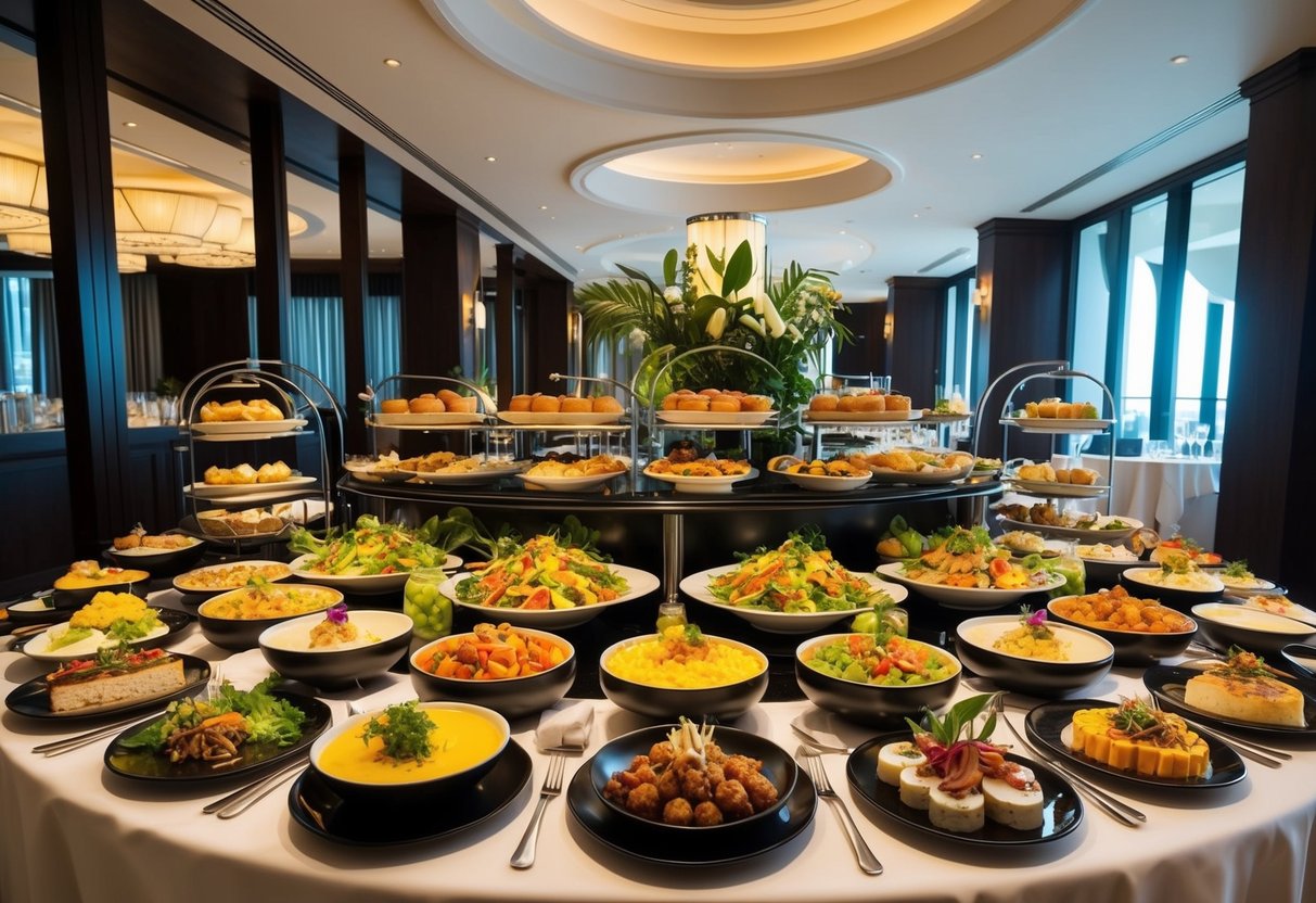 A lavish buffet spread at Lime Restaurant, featuring an array of delectable dishes amidst the elegant ambiance of the Pan Pacific Hotel in Singapore