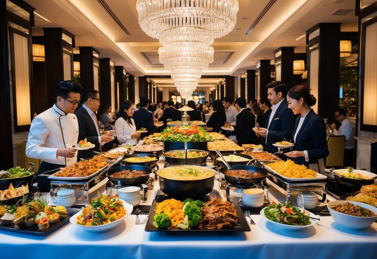A lavish buffet spread at Food Capital, featuring international cuisines, with diners enjoying a variety of dishes in a vibrant and elegant setting