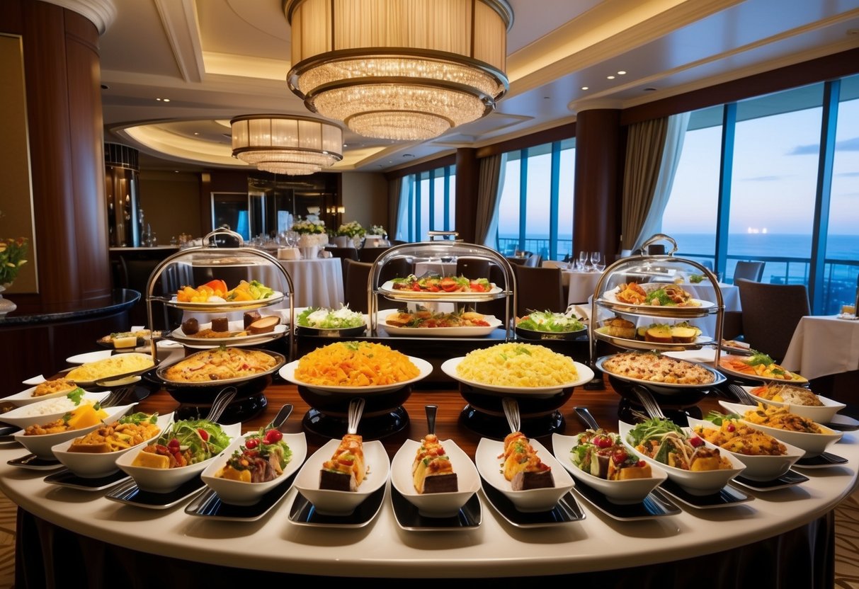A lavish buffet spread at Pan Pacific hotel, showcasing a variety of gourmet dishes and luxurious dining settings