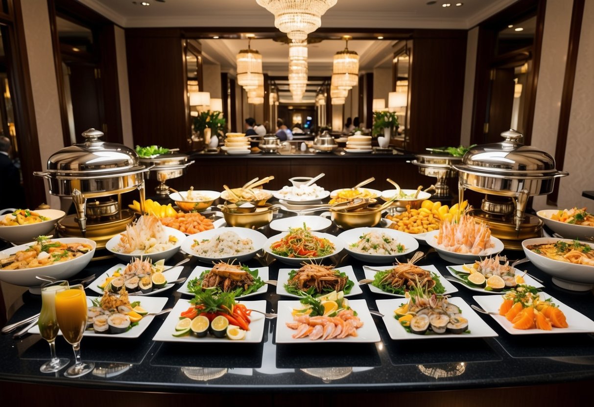 A lavish buffet spread of fresh seafood and decadent dishes at Grand Copthorne's restaurant, with elegant decor and a bustling atmosphere