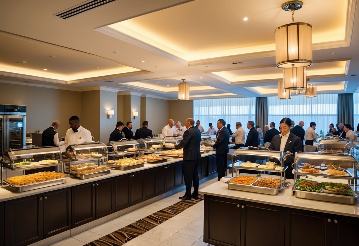 A bustling hotel buffet with a variety of food stations and diners enjoying the 1-for-1 lunch offer