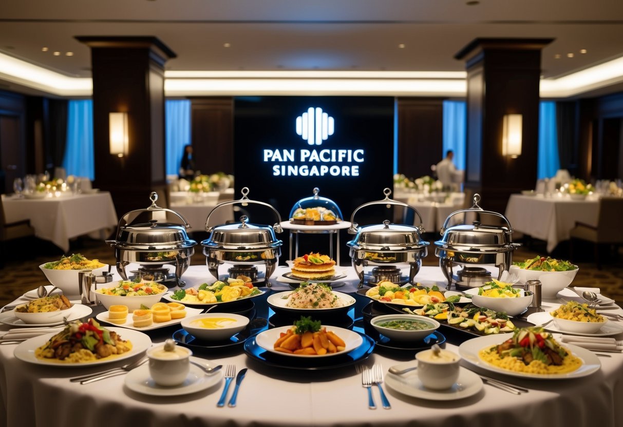A lavish hotel buffet spread at Pan Pacific Singapore, featuring Maybank promotions with a variety of delectable dishes and elegant table settings